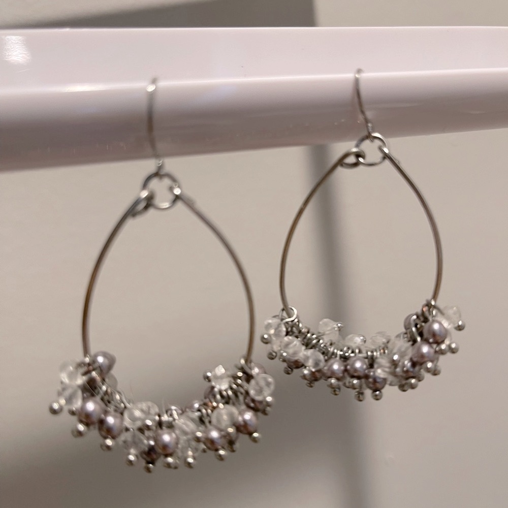Silver tone grey beaded dangle earrings